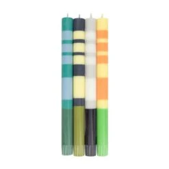 Set Of 4 Striped Candles, Greens & Yellows