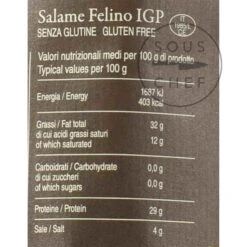 Salami Felino IGP Riserva, 290g -Sous Chef Sales Boutique FP0005 SalamiFelinoIGPRiserva290g Nutrition2