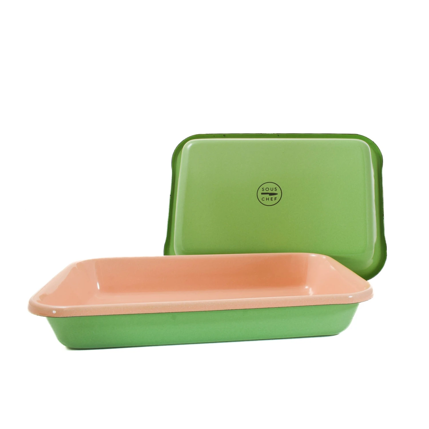 Kapka X Sous Chef Colourblock Enamel Roasting Dish, 26cm, Green & Pink 3 Kapka X Sous Chef Colourblock Enamel Roasting Dish, 26cm, Green & Pink - Image 3